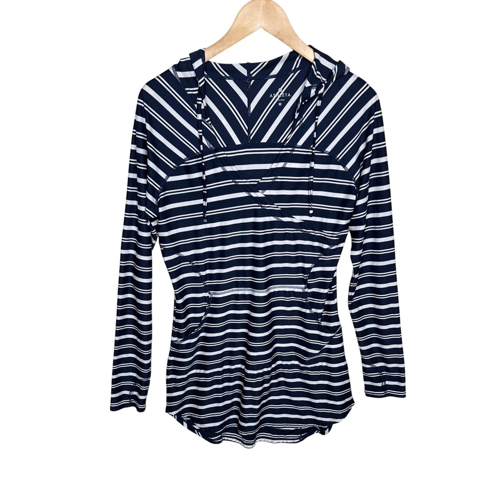 Athleta Women's Wick It Striped Pull Over Hoodie size Medium Blue/White